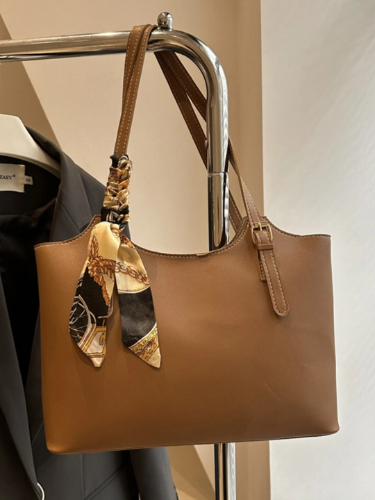 Ayollar shopper sumkasi PU ekoteri, molniyali, ro‘molcha aksessuar bilan