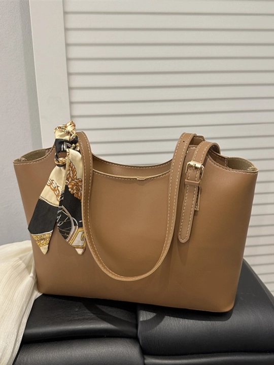 Ayollar shopper sumkasi PU ekoteri, molniyali, ro‘molcha aksessuar bilan
