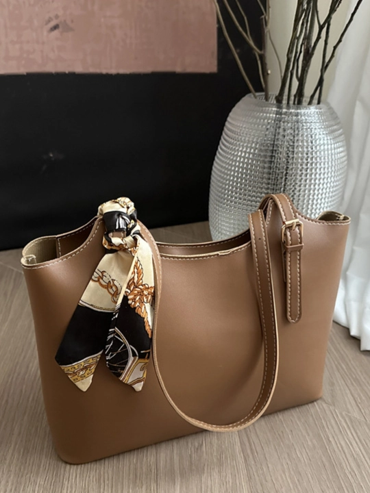 Ayollar shopper sumkasi PU ekoteri, molniyali, ro‘molcha aksessuar bilan