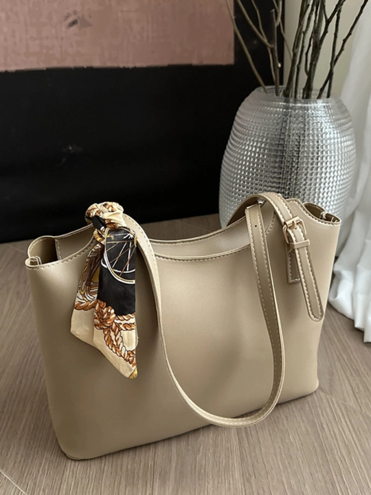 Ayollar shopper sumkasi PU ekoteri, molniyali, ro‘molcha aksessuar bilan