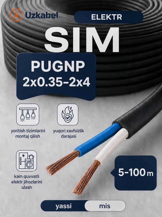 Uzkabel PUGNP, 2 simli yassi mis elektr simi 2x0.35-2x4 mm², 5-100 m - 
