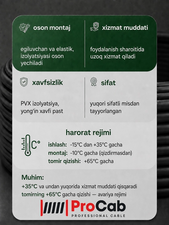 ProCab PUGNP 2 simli elektr simi, 2x0.5 mm2 o‘lchamli, 5-100 m uzunlikdagi yassi mis sim