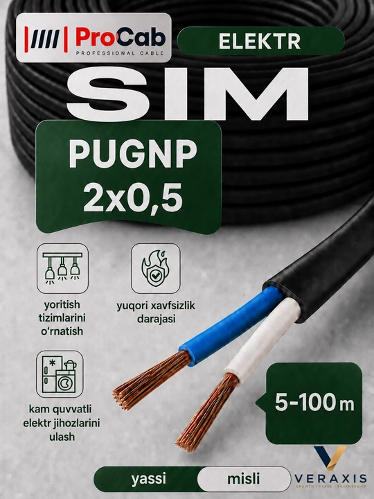 ProCab PUGNP 2 simli elektr simi, 2x0.5 mm2 o‘lchamli, 5-100 m uzunlikdagi yassi mis sim - 