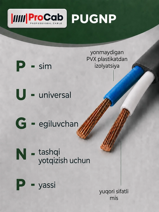 ProCab PUGNP 2 simli elektr simi, 2x0.75 mm2 o‘lchamli, 5-100m uzunlikdagi mis yassi kabel