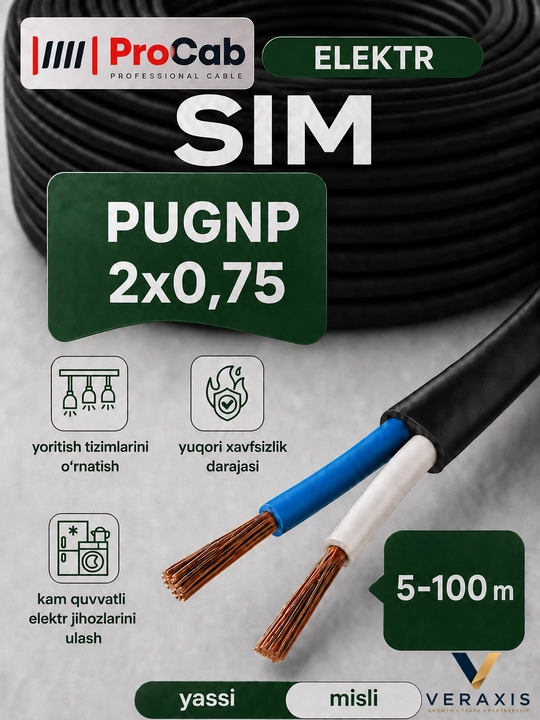 ProCab PUGNP 2 simli elektr simi, 2x0.75 mm2 o‘lchamli, 5-100m uzunlikdagi mis yassi kabel - 