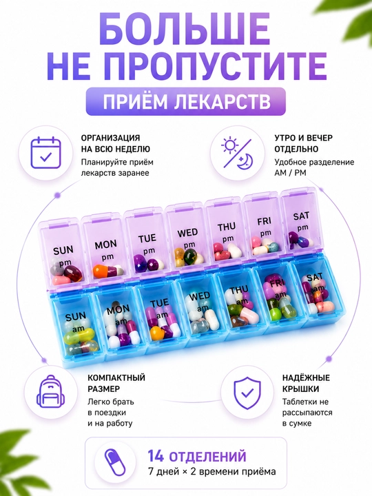 Таблетница органайзер, контейнер неделька для хранения таблеток, утро день и вечер, 7 дней