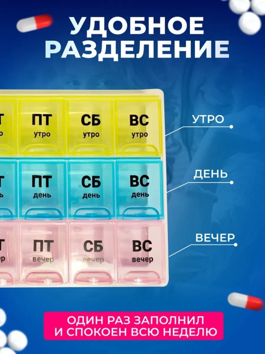 Таблетница органайзер, контейнер неделька для хранения таблеток утро, день и вечер 7 дней