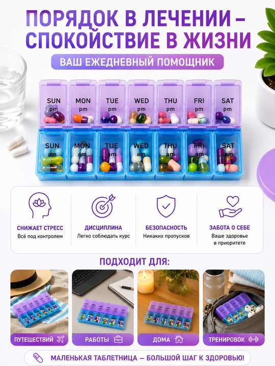 Таблетница органайзер, контейнер неделька для хранения таблеток утро, день и вечер 7 дней