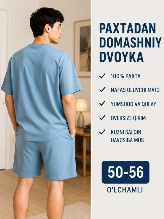 Erkaklar uy kiyimi, futbolka va shorti, 100% paxta, oversize 50–56