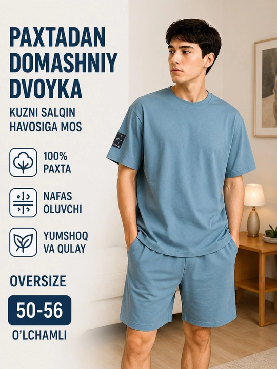 Erkaklar uy kiyimi, futbolka va shorti, 100% paxta, oversize 50–56