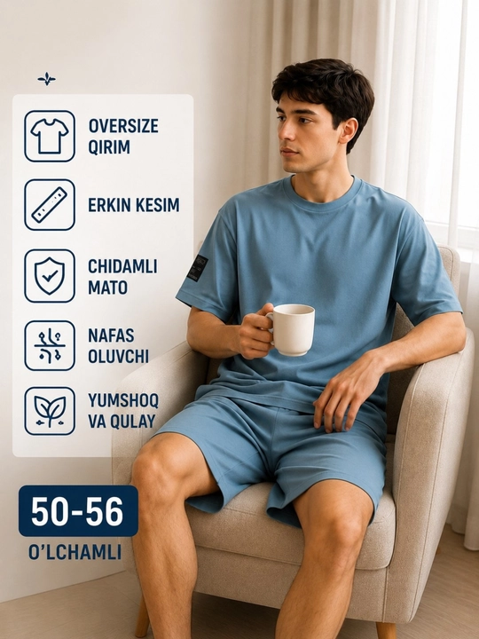 Erkaklar uy kiyimi, futbolka va shorti, 100% paxta, oversize 50–56