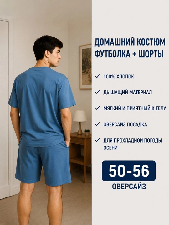 Erkaklar uy kiyimi, futbolka va shorti, 100% paxta, oversize 50–56