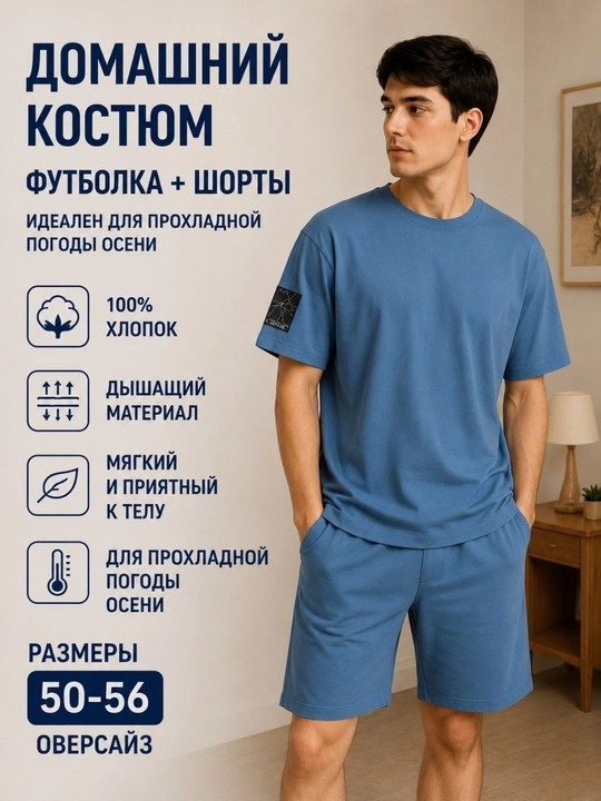 Erkaklar uy kiyimi, futbolka va shorti, 100% paxta, oversize 50–56
