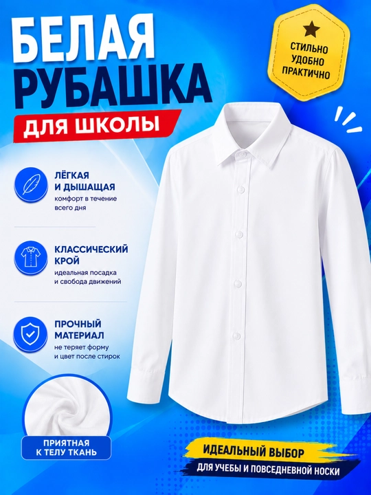 Белая школьная рубашка для мальчиков и девочек, короткий/длинный рукав, 7–16 лет - 