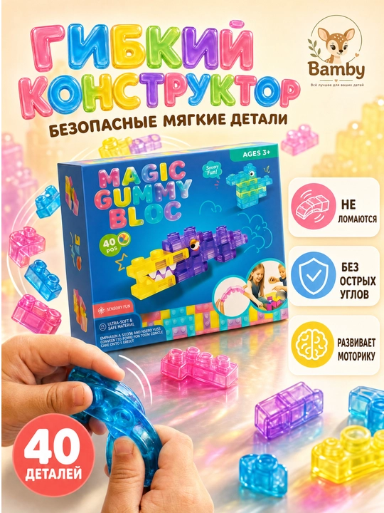 Мягкий конструктор Magic Gummy Bloc, безопасное лего, развивающая игрушка для детей 3+ - 