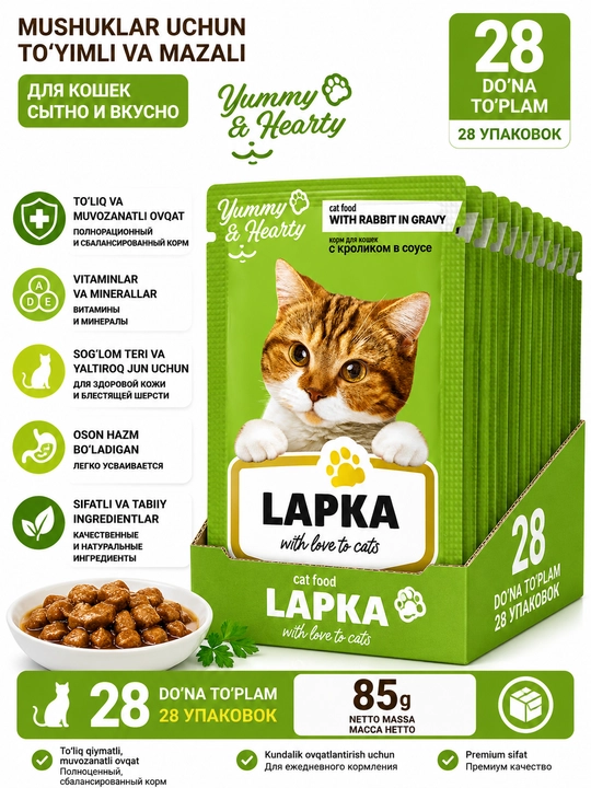Lapka mushuklari uchun nam yem, quyon bilan 85 gr 28 dona - 