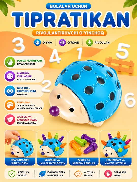Tipratikan bolalar uchun Kirpi Montessori O'yinchog'i. Ranglarni Saralash Motorika O'yini