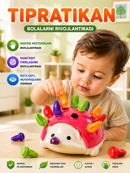 Tipratikan bolalar uchun Kirpi Montessori O'yinchog'i. Ranglarni Saralash Motorika O'yini