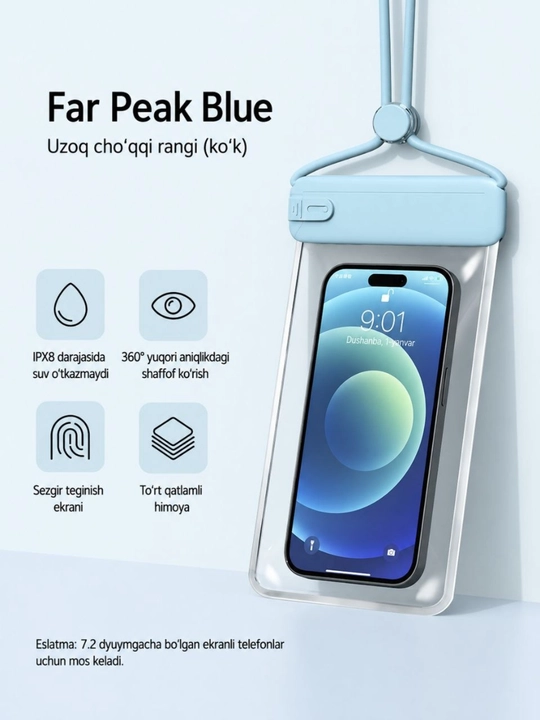 Telefon uchun suv o‘tkazmaydigan g‘ilof, germetik va universal chexol, basseyn uchun - 