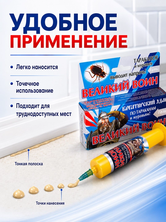Гель Великий Воин от тараканов и муравьев 45 г, шприц, 1/2/3/5/10 шт
