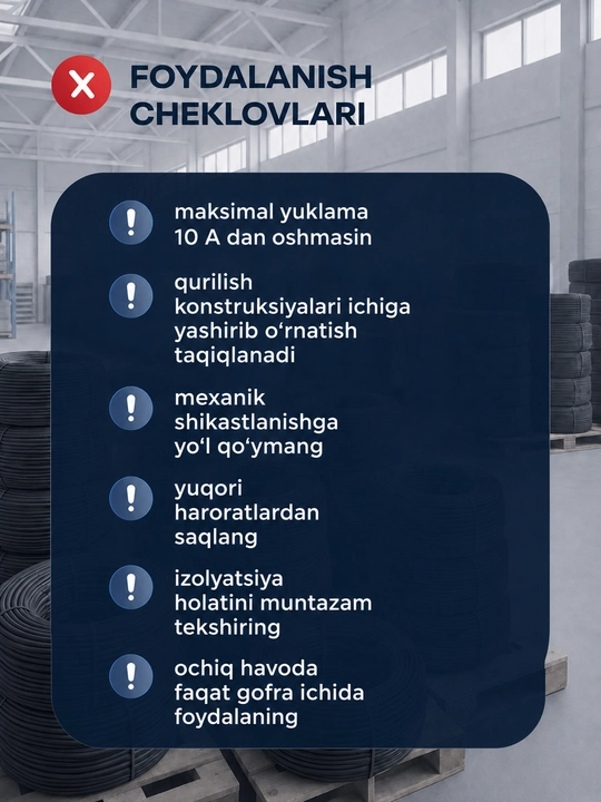 Uzkabel PUGNP elektr simi, 3 ta sim, 3x1.5-3x2.5 mm2 o‘lchamli yassi mis kabel, 5-100 m