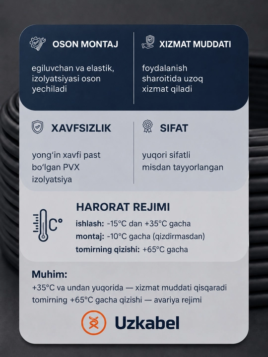 Uzkabel PUGNP elektr simi, 3 ta sim, 3x1.5-3x2.5 mm2 o‘lchamli yassi mis kabel, 5-100 m