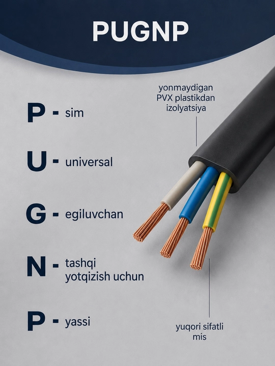 Uzkabel PUGNP elektr simi, 3 ta sim, 3x1.5-3x2.5 mm2 o‘lchamli yassi mis kabel, 5-100 m