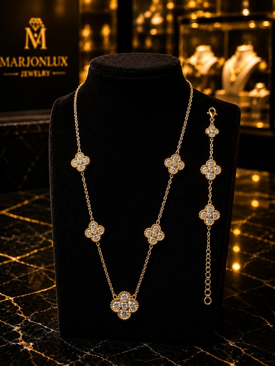 Комплект украшений, Van Cleef, женский, с кристаллами, золотистый, изящный дизайн - 