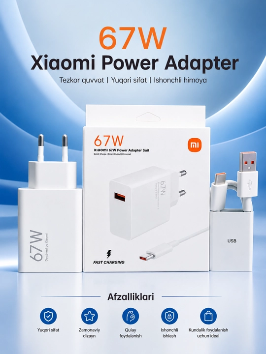 33W / 67W / 120W Tezkor Zaryadlovchi Adapter – USB-C Fast Charger To'plami - 