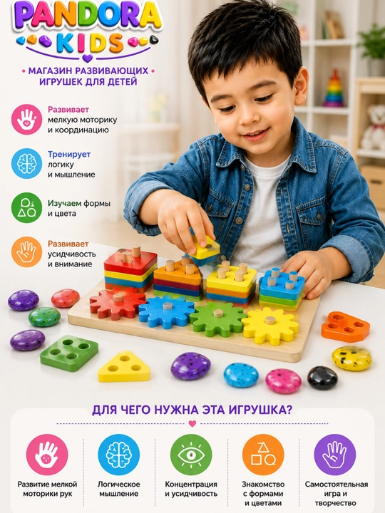 Развивающая деревянная игрушка Монтессори, обучающая цветам и формам - 