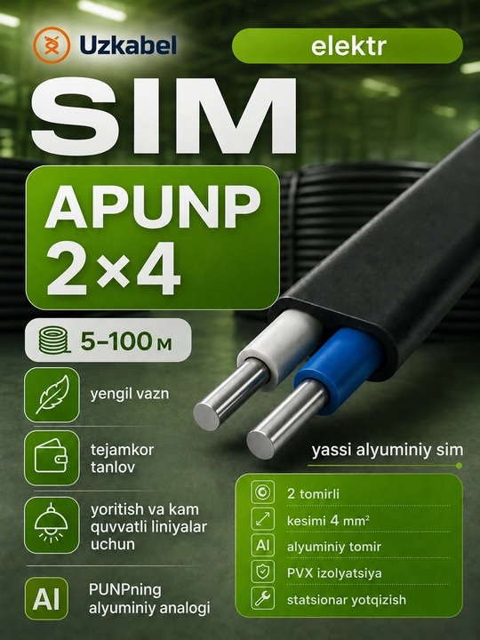 Kuch simlari uchun mo‘ljallangan Uzkabel 2x4 mm2 o‘lchamli yassi alyuminiy APNP simi - 