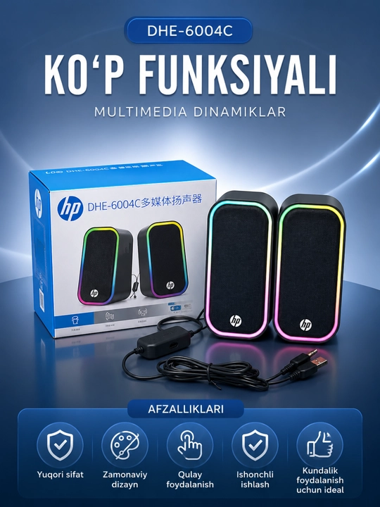 HP DHE-6004C USB Multimedia Dinamiklari, RGB Yoritishli Stereo Kompyuter Karnaylari - 