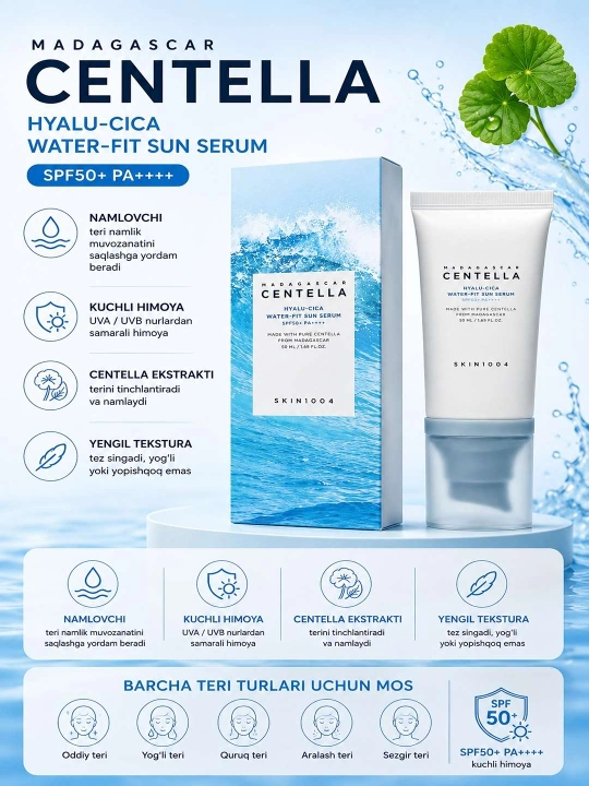 Yuz uchun SPF 50+ Skin 1004 Centella quyoshdan himoya qiluvchi - 