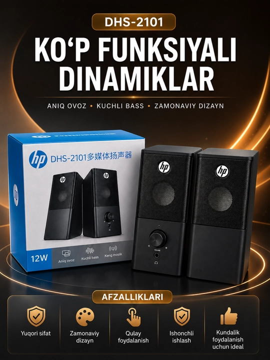 HP DHS-2101 USB Multimedia Stereo Dinamiklari, 12W Kompyuter va Noutbuk uchun Karnaylar - 