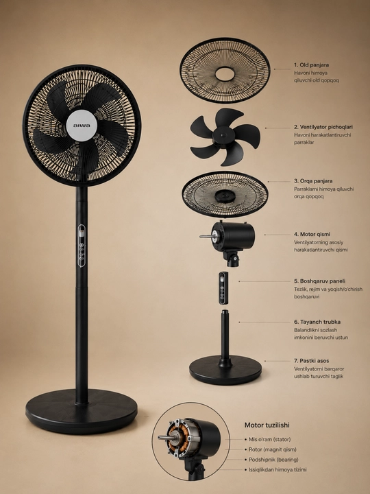 AIWA 1632R Premium inverterli ventilyator - oq va qora pol ventilyatori