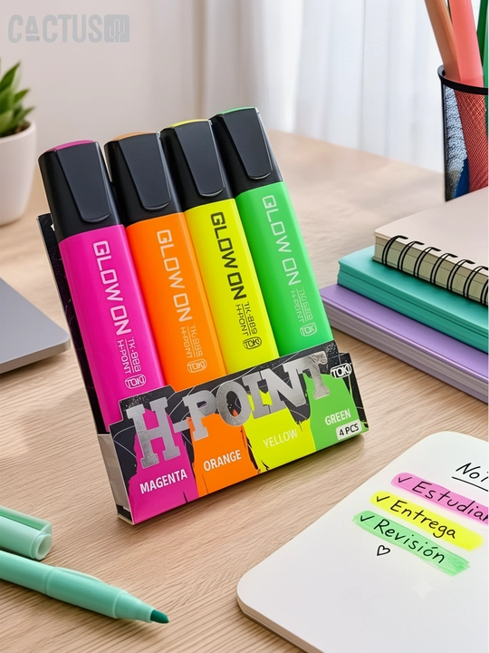 Набор неоновых текстовыделителей H-POINT «GLOW ON» (4 цвета), маркер текстовый - 