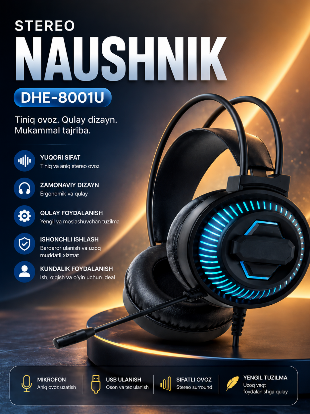 Hp stereo headset dhe-8001u usb mikrofonli quloqchin kompyuter va noutbuk uchun qora - 