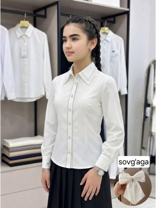 Qizlar uchun oq maktab bluzkasi, maktab ko‘ylagi, 5-11-sinflar - 