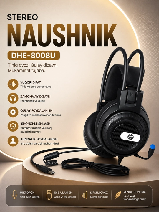 HP Stereo Headset DHE-8008U USB Mikrofonli Simli Quloqchin, Kompyuter va Noutbuk uchun - 