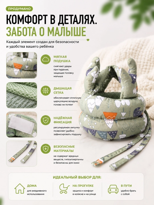 Bolalar uchun bosh himoya yostig‘i. Yiqilishdan himoya. 6–24 oy