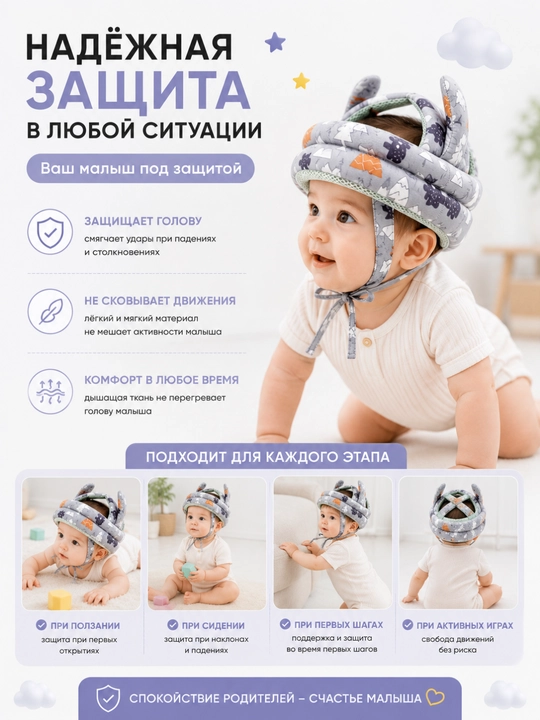 Bolalar uchun bosh himoya yostig‘i. Yiqilishdan himoya. 6–24 oy