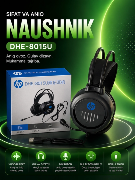 Hp dhe-8015u usb mikrofonli simli stereo quloqchin, kompyuter va noutbuk uchun qora - 