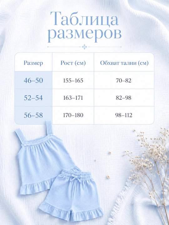Ayollar muslin pijamasi — mayka va shortik, paxtali mato, 46-58 O'lcham
