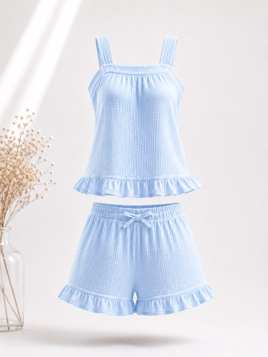 Ayollar muslin pijamasi — mayka va shortik, paxtali mato, 46-58 O'lcham