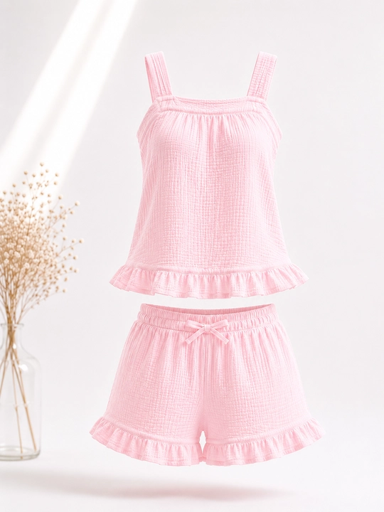 Ayollar muslin pijamasi — mayka va shortik, paxtali mato, 46-58 O'lcham