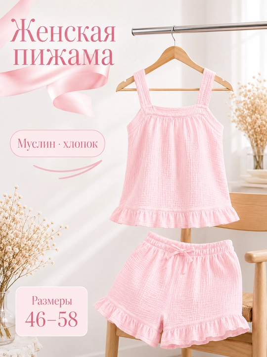Ayollar muslin pijamasi — mayka va shortik, paxtali mato, 46-58 O'lcham