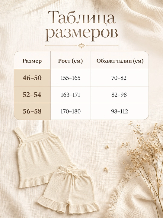 Ayollar muslin pijamasi — mayka va shortik, paxtali mato, 46-58 O'lcham