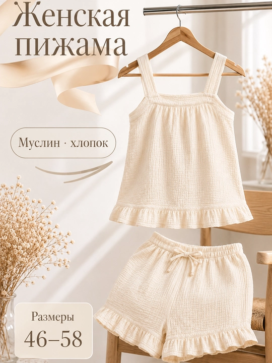 Ayollar muslin pijamasi — mayka va shortik, paxtali mato, 46-58 O'lcham