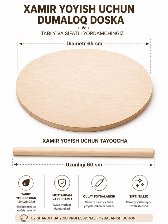 Taxtadan hamir yoyish uchun taxta va yoygich, ekologik toza