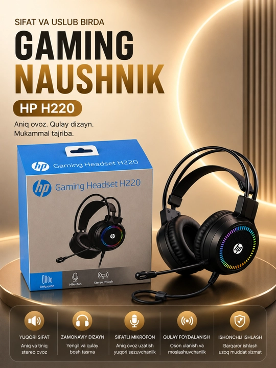 Hp h220 rgb gaming headset mikrofonli simli quloqchin, kompyuter va noutbuk uchun - 